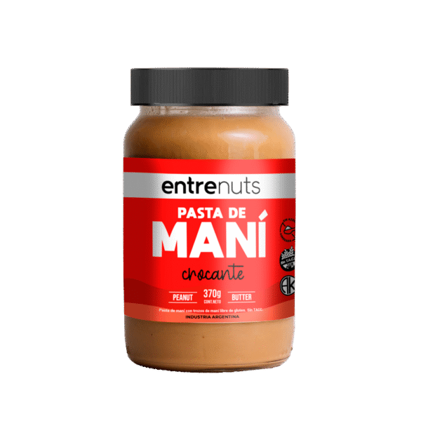 frasco de pasta de maní crocante de frente