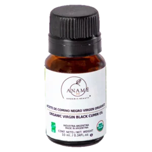 Frasco de aceite de comino negro de frente