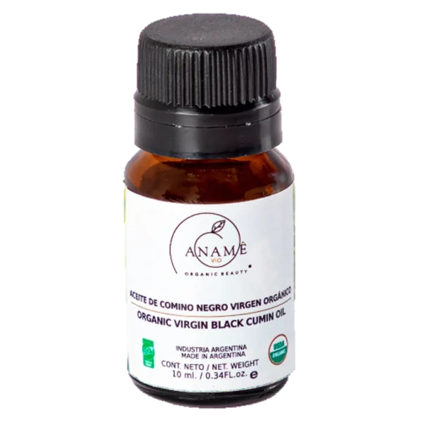 Frasco de aceite de comino negro de frente